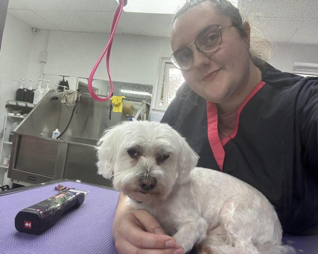 laura and white dog